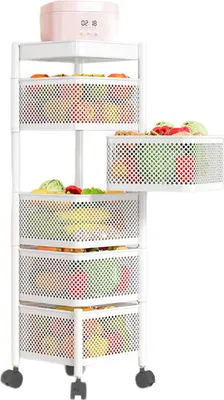 Produktbild von Heikoeco® Servierwagen, Küchenwagen, platzsparender Rollwagen, drehbarer Servierwagen mit Rollen, Küchenwagen auf Rollen, Bad, Küchen, Büro 5 Ebenen