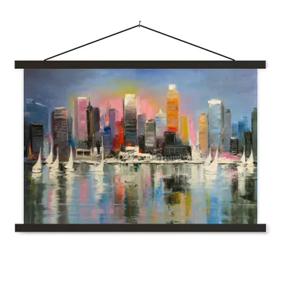 Produktbild von MuchoWow® Textilposter Gemälde - Öl - Skyline - Wasser 60x40 cm mit schwarzem Rahmen - Hölzernes