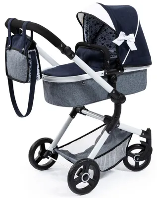 Produktbild von Bayer Design Kombi-Puppenwagen Neo Vario 18481AB mit Tasche, wandelbar als Jogger, verstellbarer Griff, blau, weiß mit Schleife