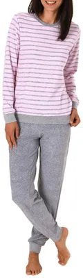 Produktbild von Damen Frottee Pyjama langarm mit Bündchen in edler Streifenoptik - 291 201 13 780 ; rosa , 40