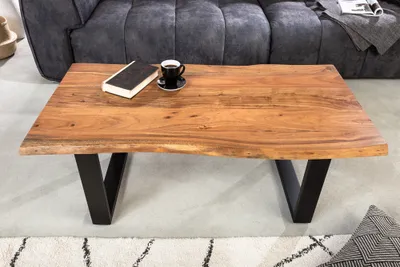 Produktbild von riess-ambiente Massivholz Couchtisch MAMMUT 120cm Akazie natur V-Gestell schwarz 2,5cm Tischplatte Beistelltisch Sofatisch Tisch
