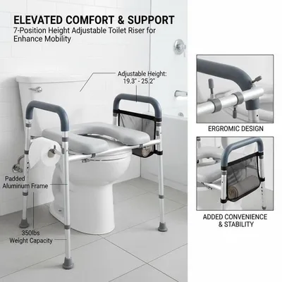 Imagen del producto de Asiento elevador para inodoro, con altura ajustable, capacidad de carga de 158 kg, color blanco