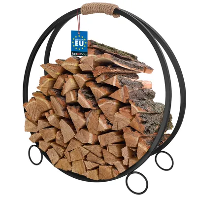 Obrázek produktu pro KOTARBAU® Dřevěný koš na palivové dřevo 59 x 22,5 x 61 cm Stojan na palivové dřevo pro vnitřní i venkovní použití Kulatý ⌀ 59 cm Dřevěný koš s držadlem Kovový koš z oceli, černý