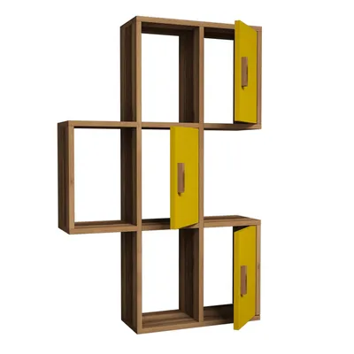 A modular shelving unit with yellow doors and a walnut finish, presented against a white background.