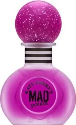 A perfume bottle with a pink liquid and a glittery pink spherical cap.