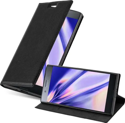 A black flip case for a Sony Xperia XZ1 Compact phone is shown, with the phone inside and partially open.