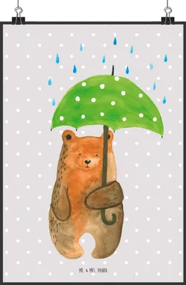 Produktbild von Mr. & Mrs. Panda Bild Bär Regenschirm DIN A2 - Grau Pastell - Geschenk, Pärchen, wandkunst, Kunstdruck, Partner, Familie, Freunde, Liebe, Wandbild, Spruch, Teddy, drucke