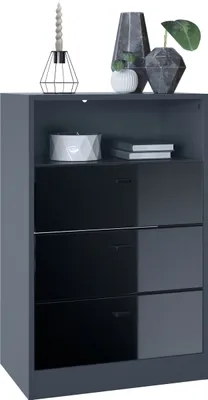 Produktbild von Vladon Kommode Pino V2,  Germany, Anrichte mit 3 Schubladen & 1 offenem Fach, Anthrazit matt/Schwarz Hochglanz ohne LED (56 x 86,5 x 36 cm)