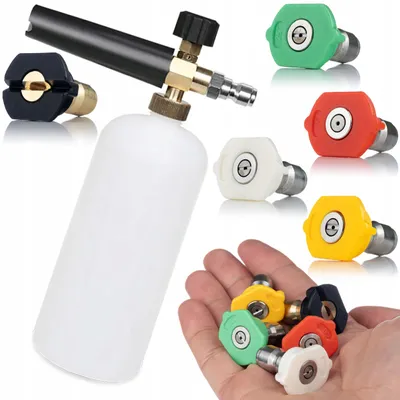 Produktbild von Set mit 5 Schnellanschlussdüsen für Hochdruckreiniger (0°, 15°, 25°, 40°, 60°) + 1000-ml-Schaummittel für Hochdruckreiniger