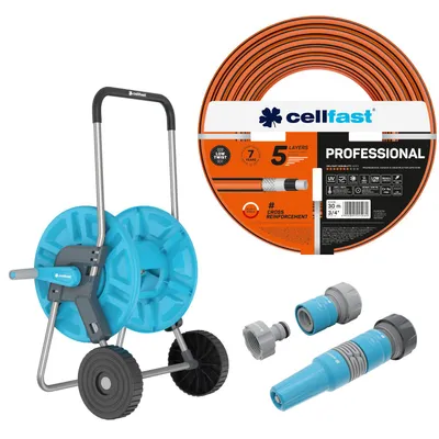 Zdjęcie produktu dla Wąż ogrodowy Cellfast PROFESSIONAL, 3/4", 30 m + zestaw z prostą dyszą spryskową 3/4" IDEAL + wózek do węża Cellfast Aluplus, 1/2", 60 m