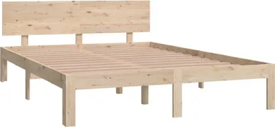 A wooden bed frame with a headboard and slats, shown against a white background.