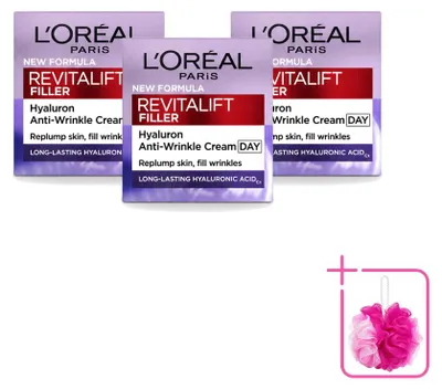 Immagine prodotto di 3 confezioni di crema viso anti-rughe L'Oréal Paris Revitalift Filler, 50 ml per confezione, confezione risparmio, 3 pezzi