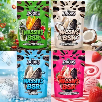 Produktbild von DR. DOOD'S Massiv's BSR Sonnenblumenkerne 4er Bundle – Gesalzen, Saure Gurke & Chili, Erdbeereis & Kokosnuss 4×100 g + Heartforcards Versandschutz