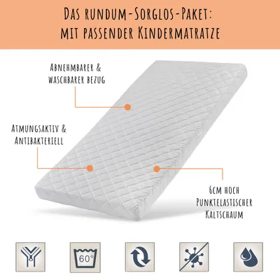 Produktbild von Kinderbett 90x200 cm mit Matratze, Rausfallschutz, Schublade & Lattenrost in weiß 200 x 90 cm Mädchen Jungen Bett Jugendbett Einzelbett