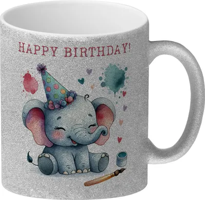 Produktbild von Happy Birthday Elefant Glitzer-Kaffeebecher