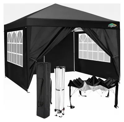 Produktbild von Pavillon 3x3 Wasserdicht Stabil Winterfest mit 4 Seitenteilen Pop Up Faltpavillon UV Schutz 50+ Gartenpavillon mit Tragetasche, 8 Heringen und 4 Windseilen, Schwarz