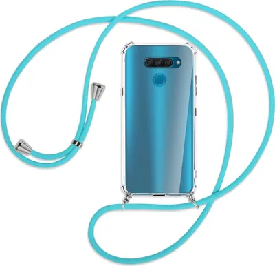 Produktbild von Handykette Backcover-Schutzhülle mit Band (Metall silberfarben) für LG Q60 - türkis
