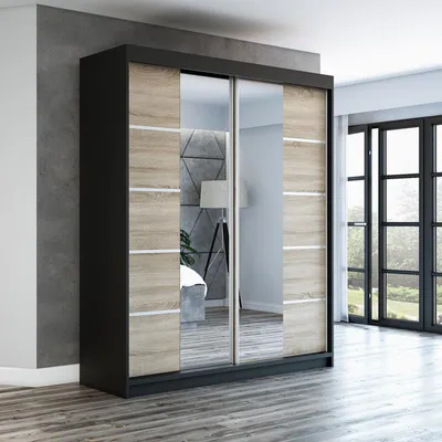 Produktbild von Schwebetürenschrank Kleiderschrank ERA 180 cm Schrank Garderobe Spiegel.Verschiedene Farben (Weiß, Schwarz, Somona). Möbel vom Hersteller!