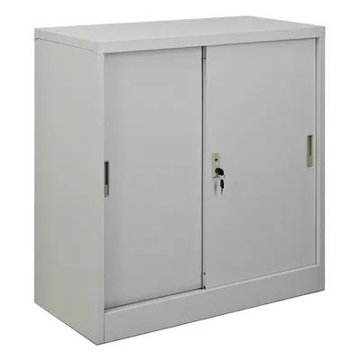 Produktbild von Aktenschrank ELEPHANT mit abschließbaren Schiebetüren | HxBxT 90x90x40cm | 3 Ebenen | Stahl mit Pulverbeschichtung | Lichtgrau | Mehrzweckschrank Büroschrank Aufbewahrungsschrank
