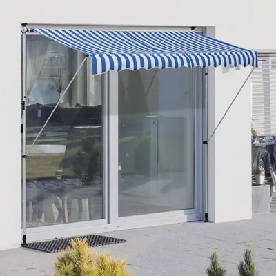 Produktbild von Klemmmarkise mit Handkurbel, Gelenkarmmarkise ohne Bohren, Balkonmarkise Terrassenmarkise, Blau-Weiß | 150 cm breit | 1,7–2,8 m höhenverstellbar