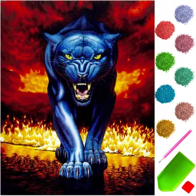 Produktbild von ARTULIO - Diamond Painting Set - Blaue Panther im Feuer - 40 × 30 cm - 5D Diamant Painting, Crystal Art, Home Wand Deko