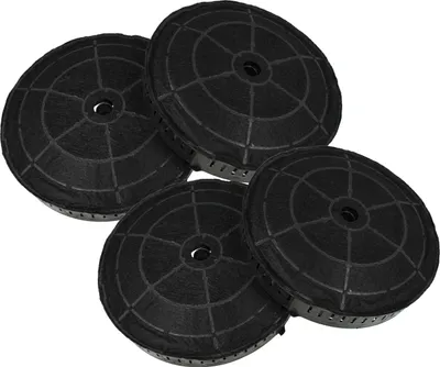 Four charcoal filters for a range hood are arranged on a white background.