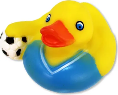 Produktbild von Gummi Ente Fußball mit blauem Trikot - ca. 5 cm