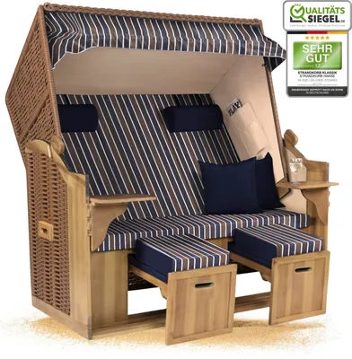 Produktbild von Strandkorb Ostsee 2,5-Sitzer 150cm breit in Beige Blau Braun Weiß Kariert Zerlegt ideal für Balkon, Terrasse oder Garten