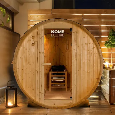 Produktbild von HOME DELUXE Outdoor Fasssauna LAHTI - M inkl. 3,6 kW Saunaofen & Zubehör, ideal für 2 Personen aus Fichtenholz