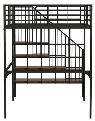 Immagine prodotto di Letto a soppalco - Letto in metallo - 140 x 200 cm - Struttura in metallo e legno - Spazio contenitivo sotto il letto - Scala - Colore nero