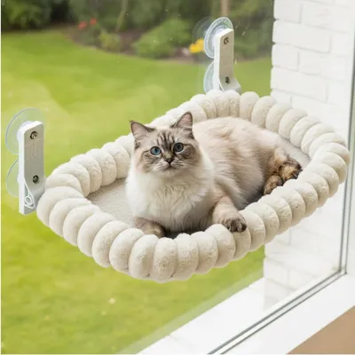 Produktbild von Katzen Fenster Hängematte - Katzen Bett Fenster - Sonnenbäder Relax - Starke Sauger - 52 x 30 cm - Beige