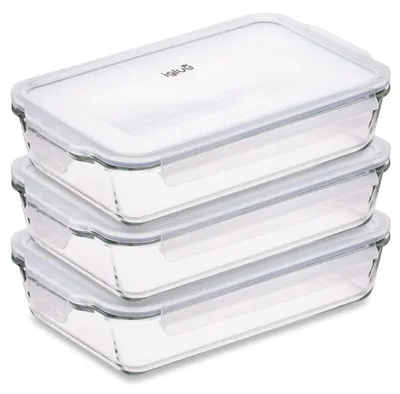 Image de Lot de 3 plats à gratin en verre avec couvercles, capacité de 2,2 litres. Adaptés au four, au micro-ondes, au lave-vaisselle et au congélateur