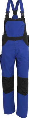 A pair of blue and black work overalls.