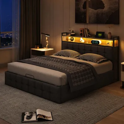 Imagen del producto de Cama tapizada LED UnboxG de 140x200 cm, con gran espacio de almacenamiento y somier, estructura de cama de metal tipo boxspring, cabecero tapizado con estante y puerto de carga USB, color gris