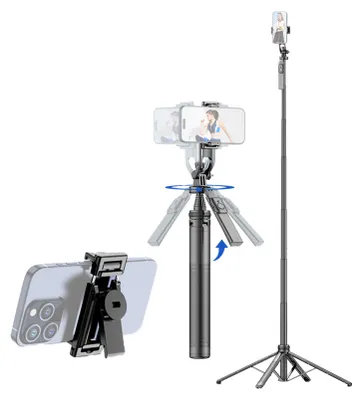 Produktbild von Ausziehbarer Selfie-Stick mit 4 Beinen, Stativ fuer Telefon, max. Laenge 180 cm, stabiles Vierbeinstativ mit 1/4-Zoll-Schraube, abnehmbarer Telefonclip, Fernausloeser, Telefonstativ fuer Vlog, Selfie, Live-Streaming, Gruppenfoto, Video