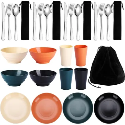 Productafbeelding van Camping servies set voor 4 personen, inclusief bekers, kommen, borden en roestvrijstalen bestek, herbruikbaar, vaatwasmachinebestendig en geschikt voor de magnetron