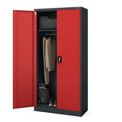 An open metal cabinet with red doors, showing clothes, a bag, and shoes inside.