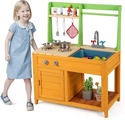 Imagen del producto de Cocina de juguete para exteriores, cocina de madera para niños con hornallas, fregadero, grifo y horno, cocina de juego con accesorios de cocina y estanterías, cocina para exteriores para niñas y niños a partir de 3 años