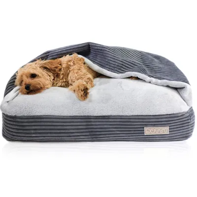 A small dog is sleeping in a cozy, covered dog bed.