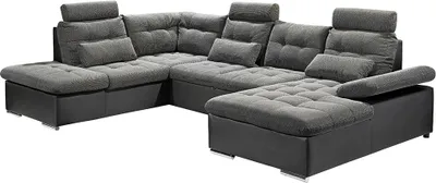 Produktbild von Wohnlandschaft mit Schlaffunktion und Kopfstützen in Webstoff dunkelgrau mit Kunstleder schwarz, U-Form mit Bettkasten links, Serie JACKSONVILLE-09