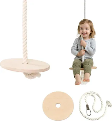 A child is sitting on a wooden swing, with other parts of the swing shown separately.