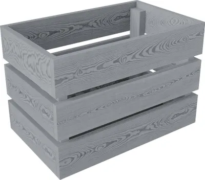 A gray wooden crate is shown against a white background.