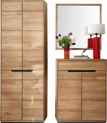 Produktbild von Garderoben-Set mit Garderobenschrank, Spiegel & Schuhschrank in Eiche teilmassiv, 3-teilig - AVESTA-06