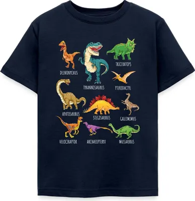 Produktbild von Spreadshirt Dinosaurier Arten Übersicht Dino T-Rex Comic Kinder T-Shirt, 110/116 (5-6 Jahre), Navy
