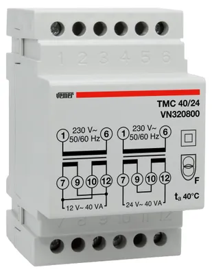 Productafbeelding van VEMER VN320800 TMC 40/24 - Transformator voor montage op din-rail, met een primaire spanning van 230V, een secundaire spanning van 12-24V en een vermogen van 40VA, wit
