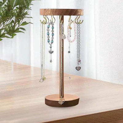 Produktbild von Unyqoos® Holz-Schmuckständer mit 12 Metallhaken für Ketten & Armbänder – kompakter, eleganter Schmuckhalter für Ringe und Ohrringe