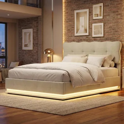 Produktbild von INONEFT Boxspringbett 140x200cm Polsterbett Bett mit Stauraum, Jugendbett Doppelbett mit LED, Hydraulisches Stauraumbett mit Lattenrost, Samt, Beige