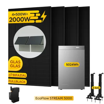 Produktbild von Powerness Balkonkraftwerk mit Speicher: EcoFlow STREAM 5000 Speicher 5024Wh & 4x 500W Module & Smart Meter & 4x Flachdach-Halterung