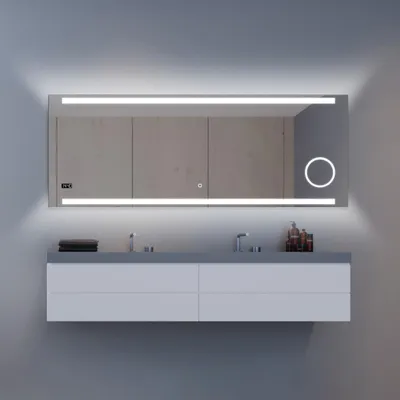 Produktbild von LED Badspiegel 160x60cm, Touchschalter, Kosmetikspiegel, Digitaluhr, IP24