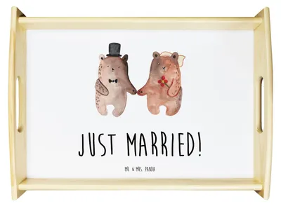 Produktbild von Mr. & Mrs. Panda Tablett Bär Heirat - Weiß - Geschenk, Verheiratet Heirate Hochzeit Hochzeitsgeschenk Hochzeitspaar, Serviertablett, Teddy, holz, für bett, aus, Sofa